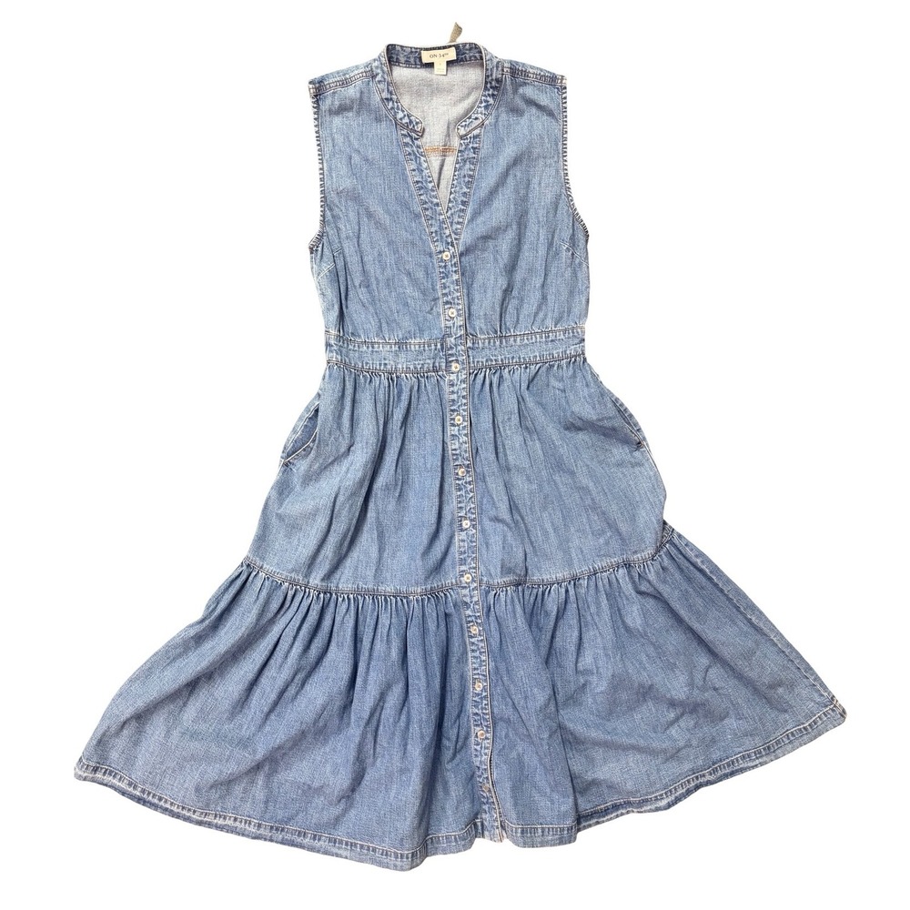 ON 34TH Tiered Denim Midi Dress Blue Sleeveless Button Front Boho Size L